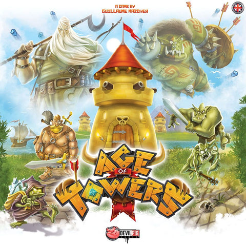 front cover of age of towers board game by guillaume mazoyer published by devil pig games