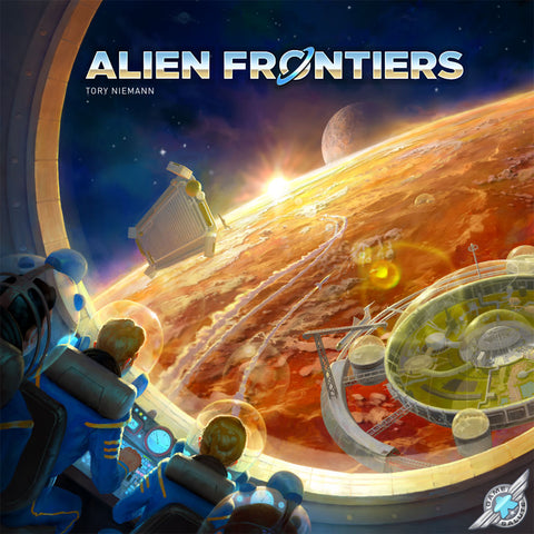 front cover of alien frontiers board game 5th edition by tory niemann produced by game salute